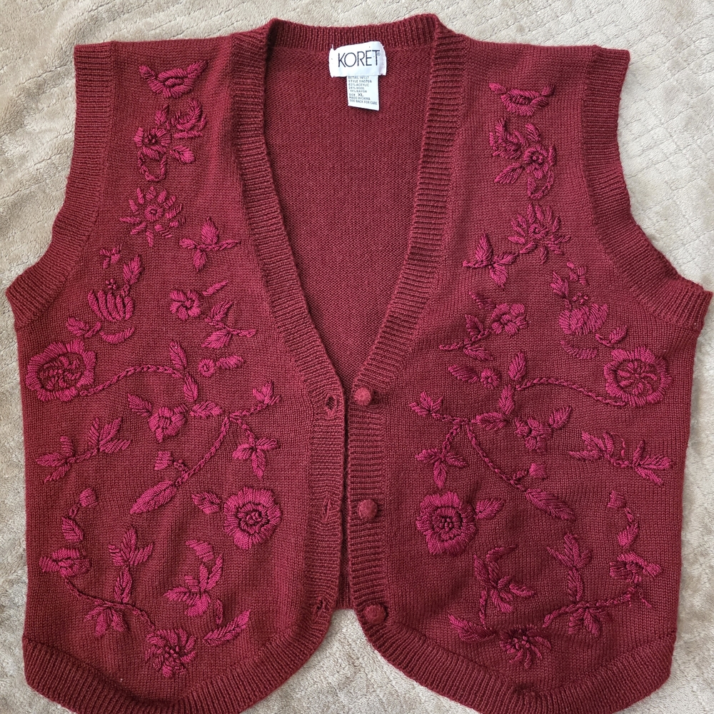 Koret Burgendy Vest, Vintage, Floral Warm, Embroidery‎ Sz XL, Christmas Holiday